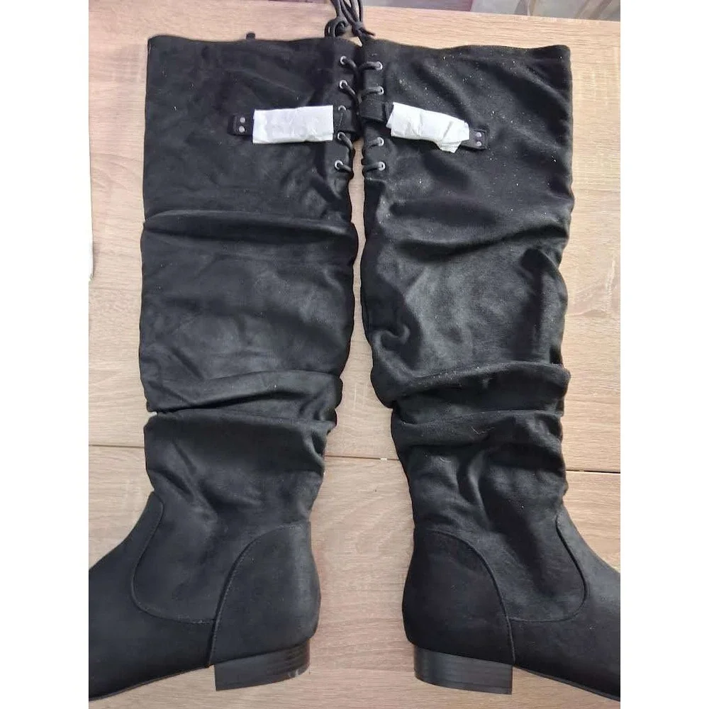 Black Faux Suede Slouchy Over The Knee Boots Lace Up Back Low Heel Women Size 10
